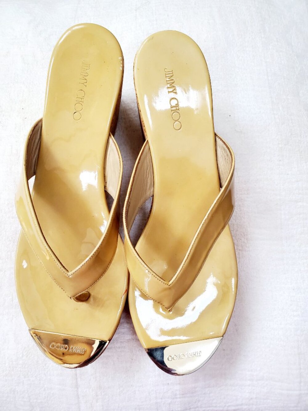 Jimmy Choo Patent Leather Cork Wedge Sandals Yellow Resort Thong Y2K Design 40.5 - Picture 2 of 15